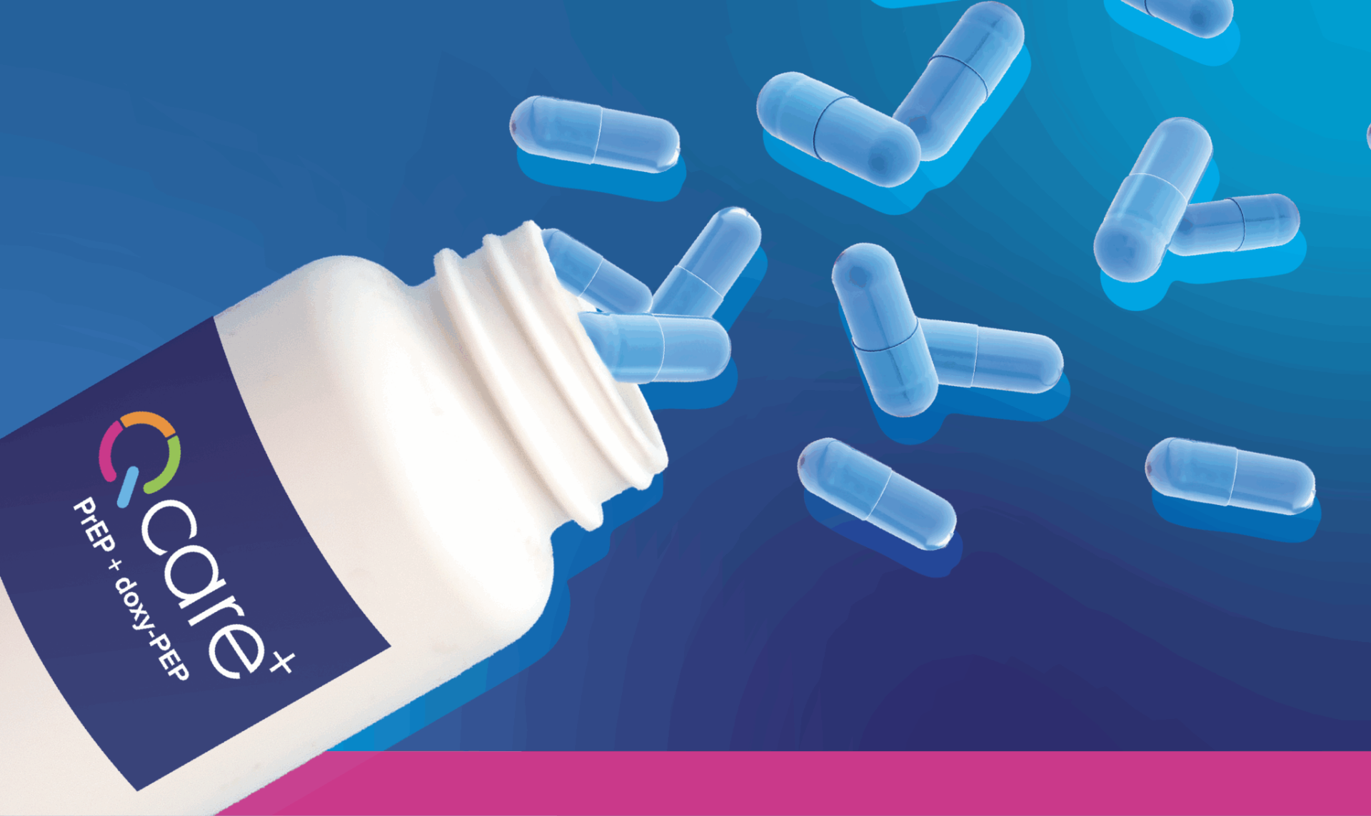 Q Care branded pill bottle with PrEP + doxy-PEP pills